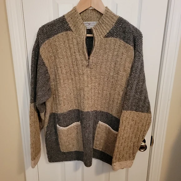 Northern Isles Hand Knitted Vintage Neutral Color Block 1/4 Zip Sweater Size XL - Picture 2 of 8